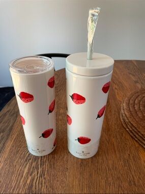 Kate Spade White Strawberry Print Tumbler and Coffee Cup - New